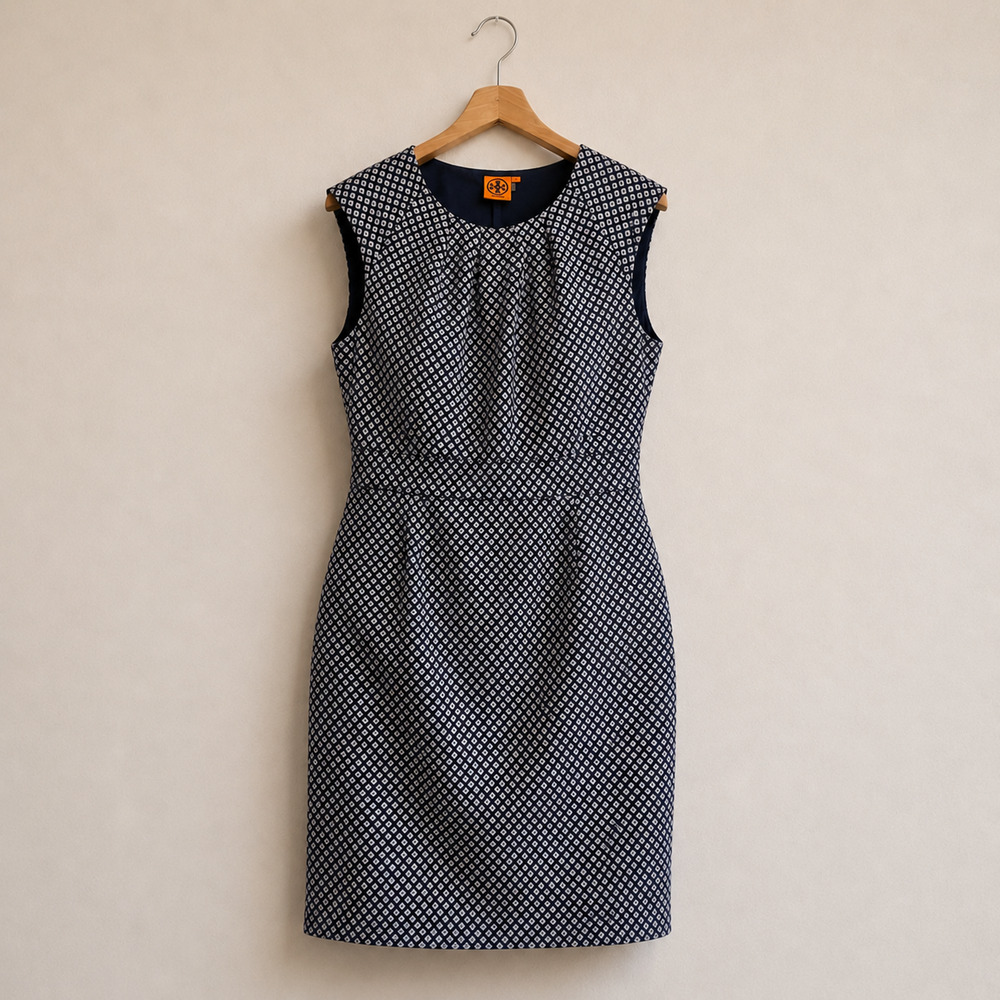 Tory Burch Maxine Geometric Print Silk Sheath Dress Navy White Women's Size 14